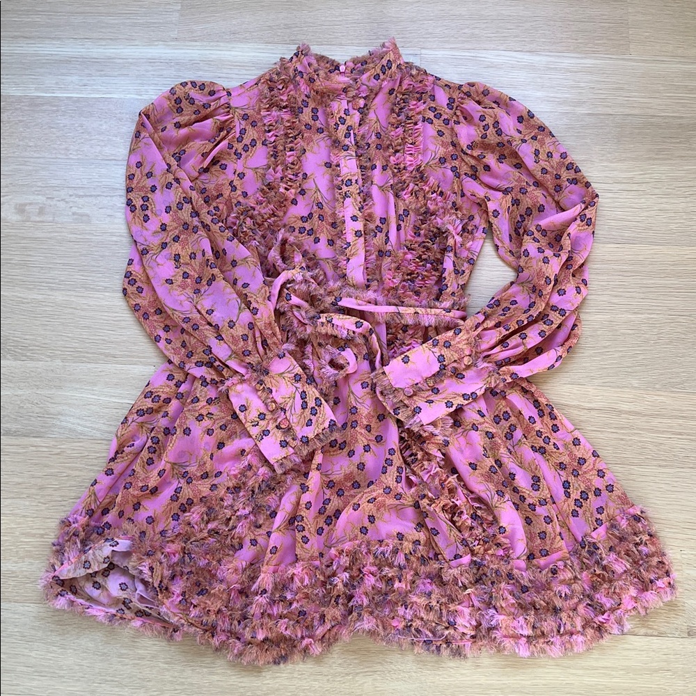 ALEXIS Karina Pink Floral Dress Ruffles Long Sheer Sleeves Size Small - Picture 5 of 12